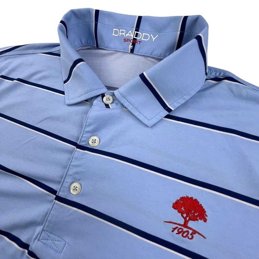 Draddy Sport Golf Polo Shirt Mens Medium Blue Striped Lightweight Stretch Logo